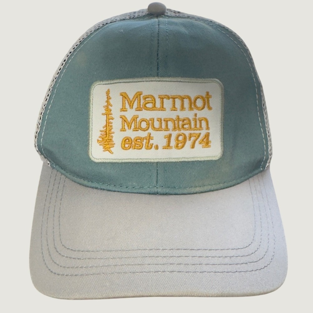 3362 | Marmot Mountain est 1974 Trucker Hat Snapback Mesh Cap Blue Gray OSFM